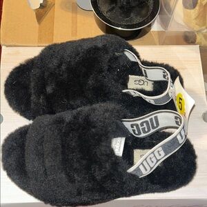 UGG Black Fluffy Slides with Logo Strap
